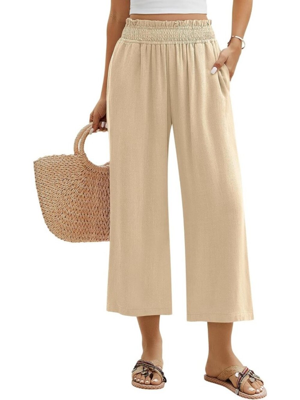 Wide Leg Capri Pants for Women | Casual Palazzo Trousers | Smocked Elastic